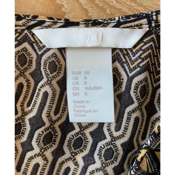 H&M Patterned 3/4 Sleeve Baby Doll Dress Size 8 Women’s Black Tan - Picture 3 of 8